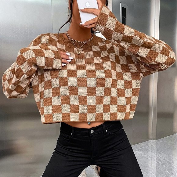 Preppy Checkered Pattern Drop Shoulder Sweater Brown - Picture 4 of 5